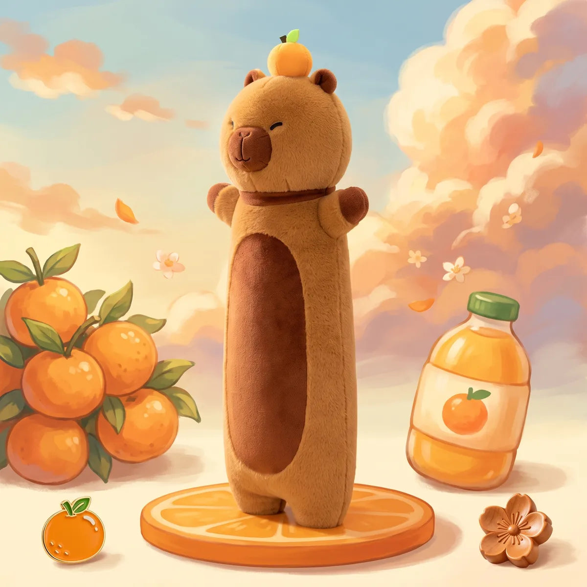 Capybara body pillow plush standing on an orange slice in an illustrated citrus scene