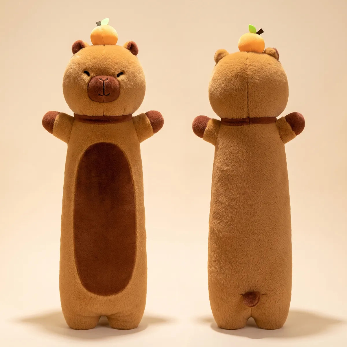 Long capybara body pillow plush standing upright seen from the side