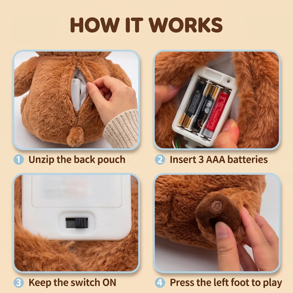 How it works card for the capybara breathing plush: unzip the back pouch, insert 3 AAA batteries, keep the switch on, press the left foot.