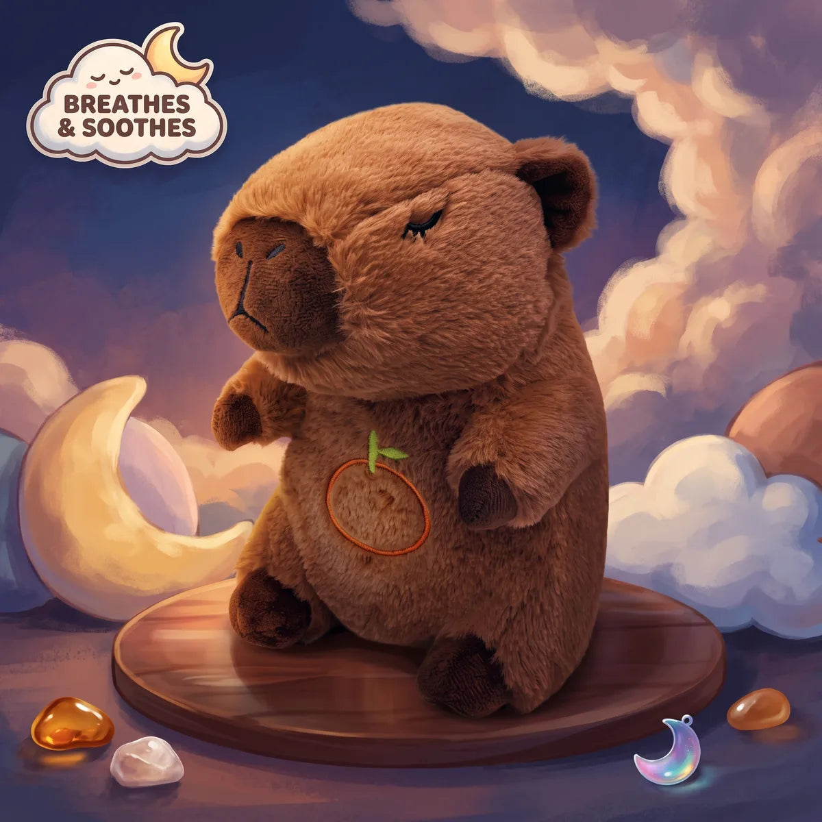 Illustrated night scene of the brown capybara breathing plush seated on a wooden disc beside a crescent moon, with a drawn orange motif on its belly that the plush itself does not have