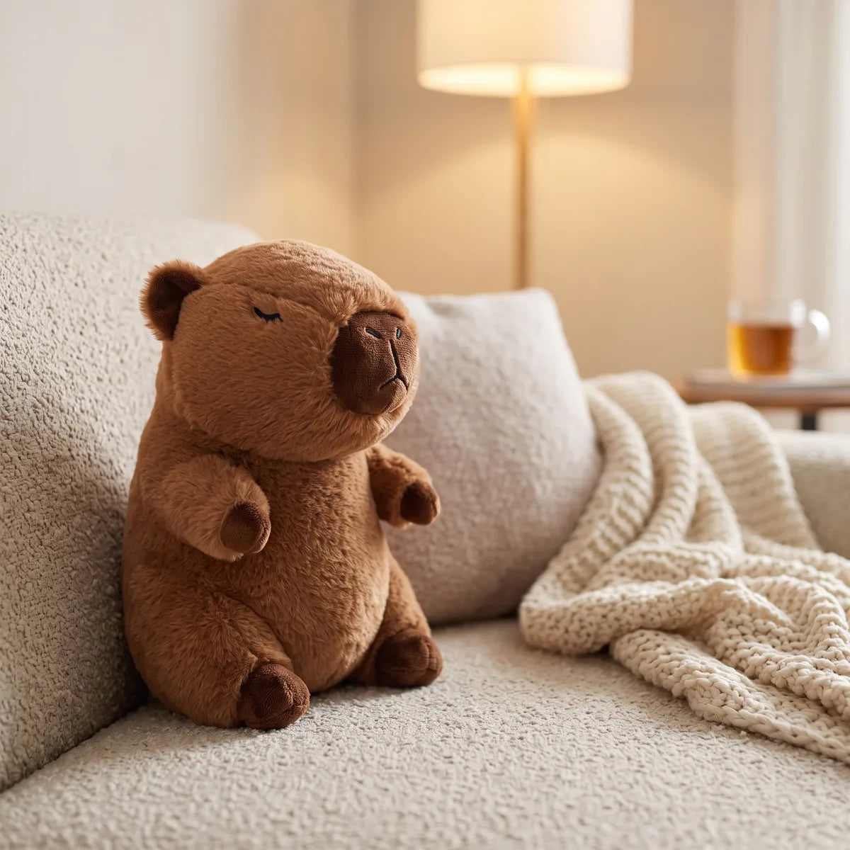 Capybara breathing plush leaning into the corner of a boucle sofa beside a knit throw and a lit floor lamp.