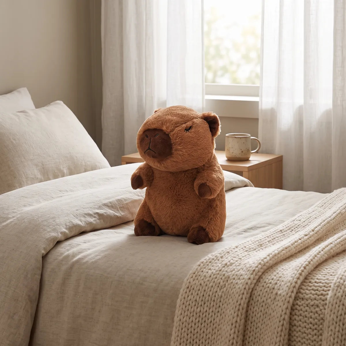 Capybara breathing plush seated on a duvet in window light, its four dark paws forward and a mug on the table behind