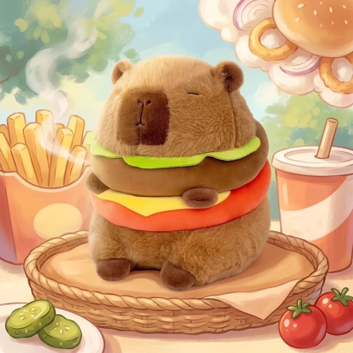 Capybara burger plush in a basket in an illustrated diner scene with fries