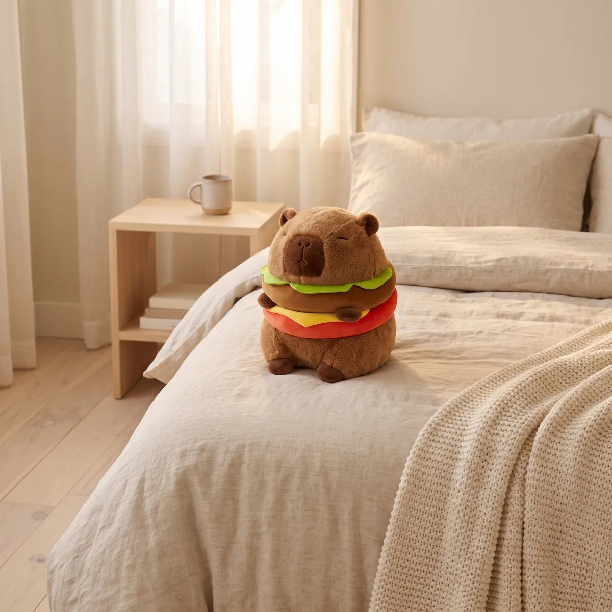 Capybara burger plush sitting on a linen bed