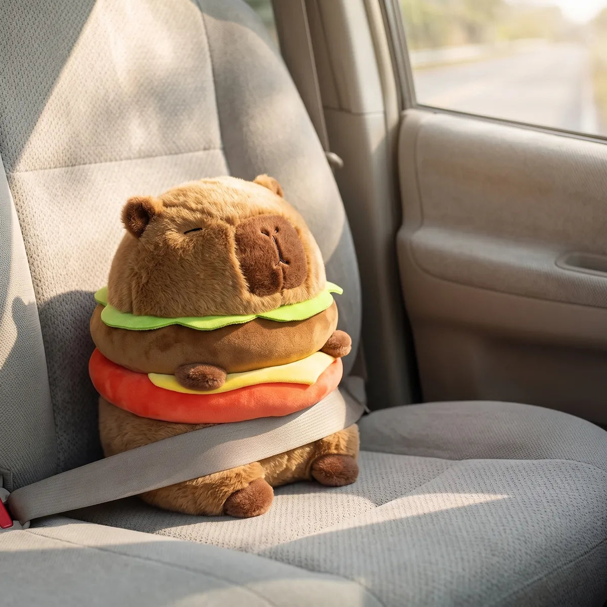 Capybara burger plush photographed to show its sewn ingredient layers
