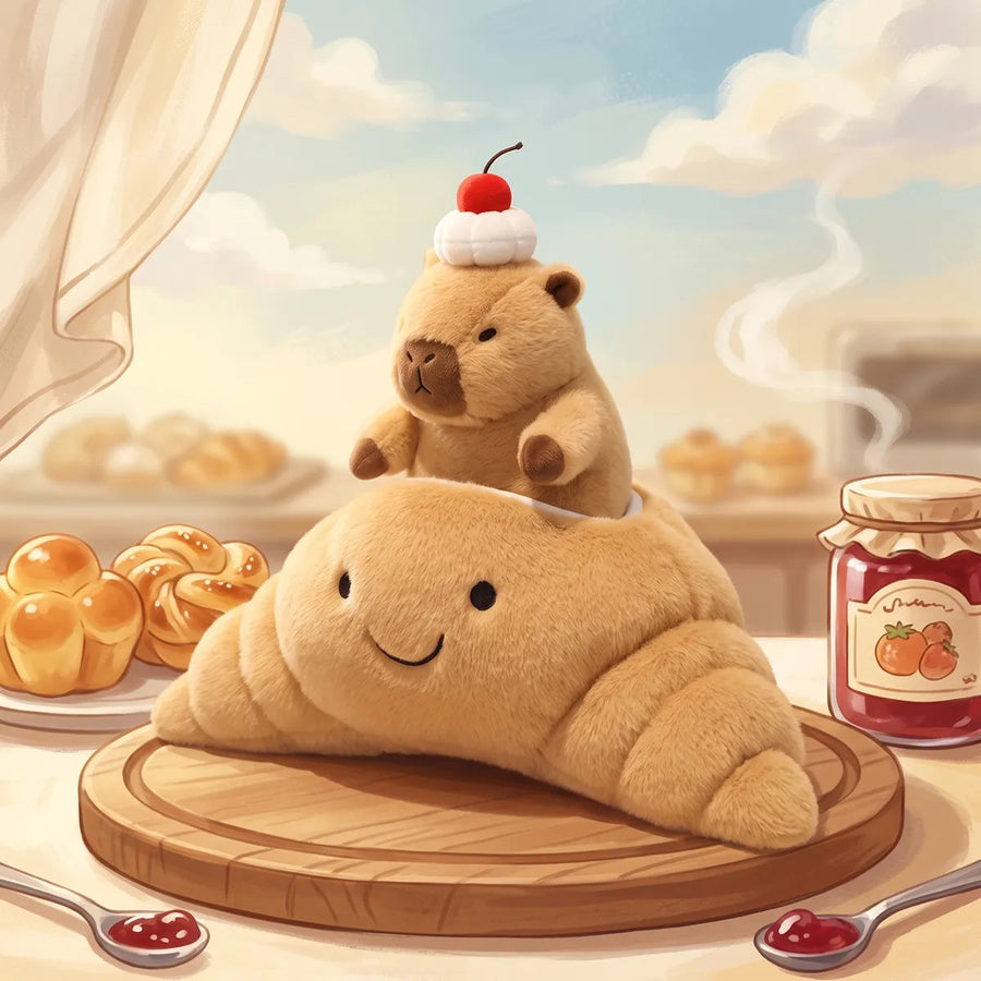 Capybara croissant plush on a round wooden board at a bakery counter, next to brioche rolls and a jar of strawberry jam