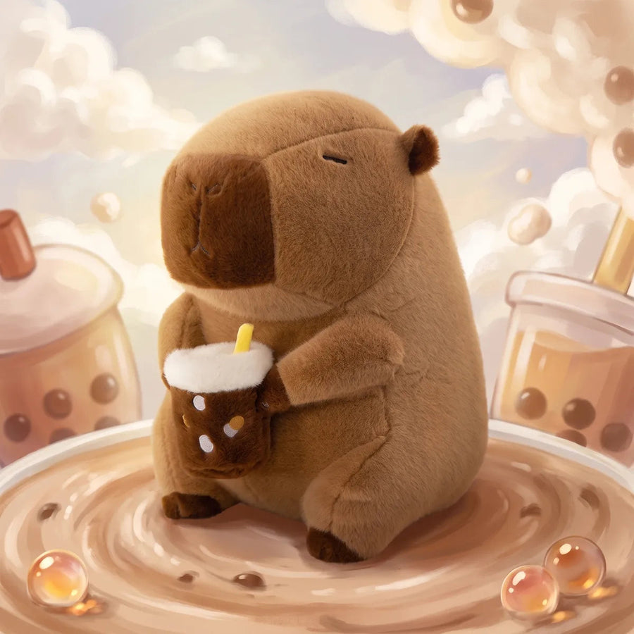 Illustrated scene of the capybara drinking boba plush surrounded by milk tea cups and floating tapioca pearls.