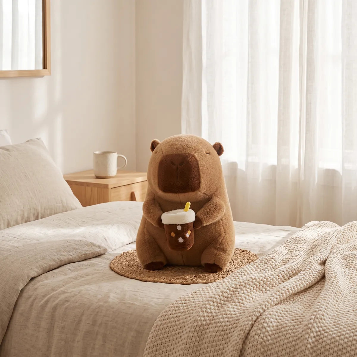 Capybara drinking boba plush sitting on a woven mat on a made bed in a bright bedroom.