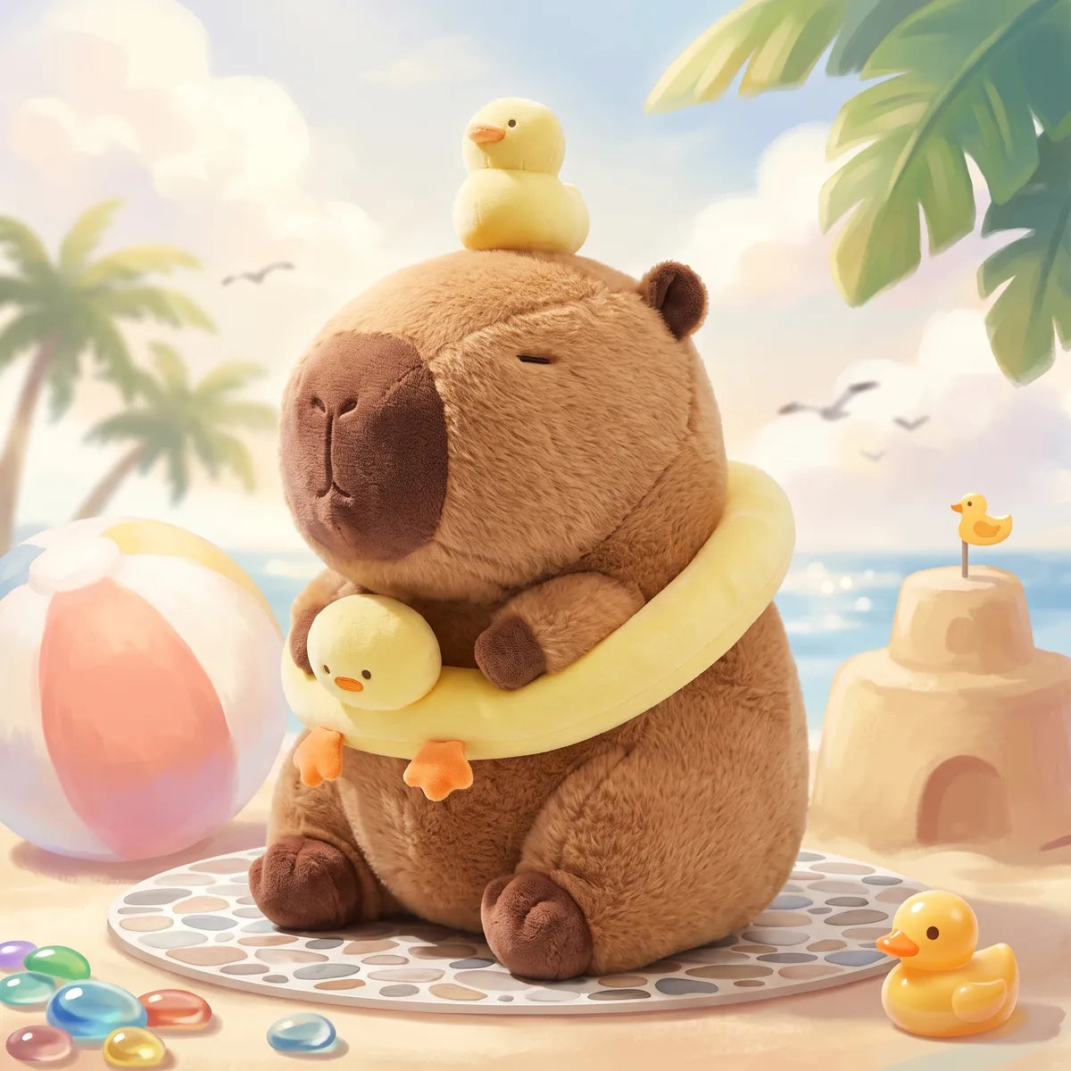 Capybara duck plush seated in an illustrated beach scene with a sandcastle, a beach ball and rubber ducks