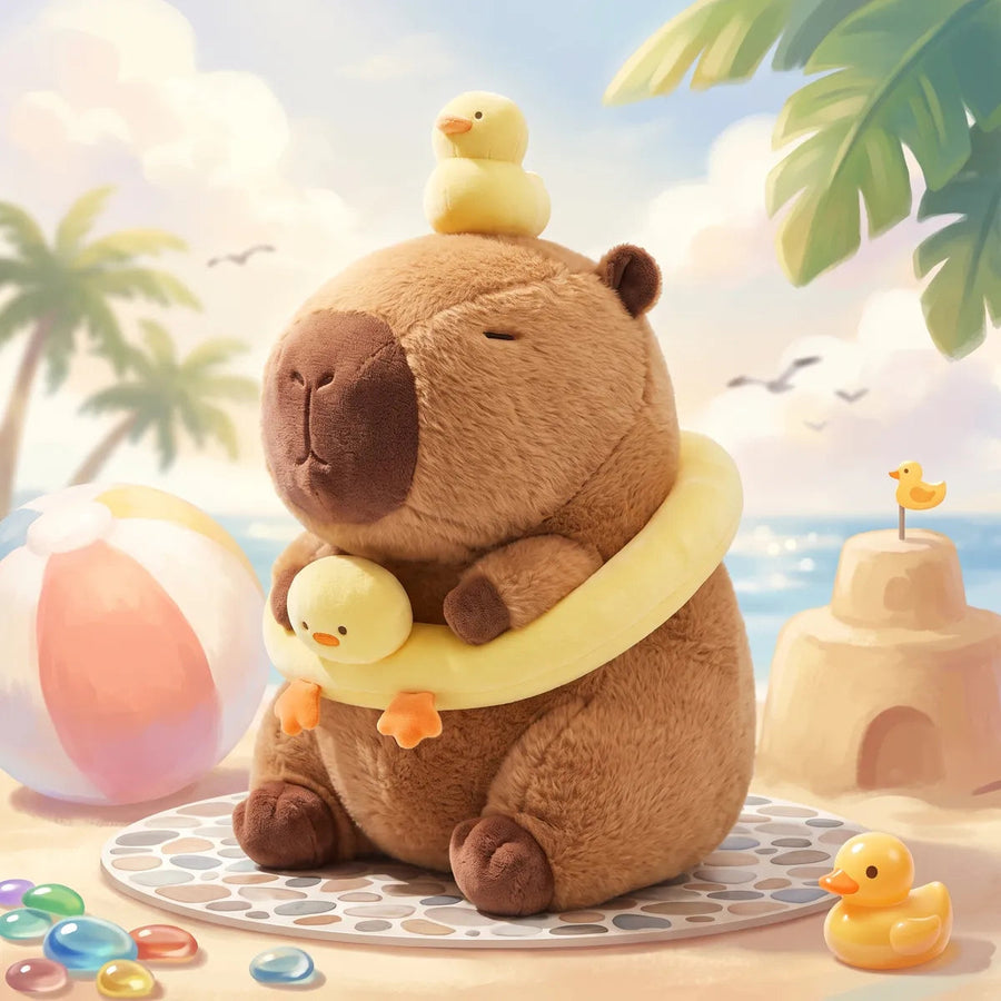 Capybara duck plush seated in an illustrated beach scene with a sandcastle, a beach ball and rubber ducks