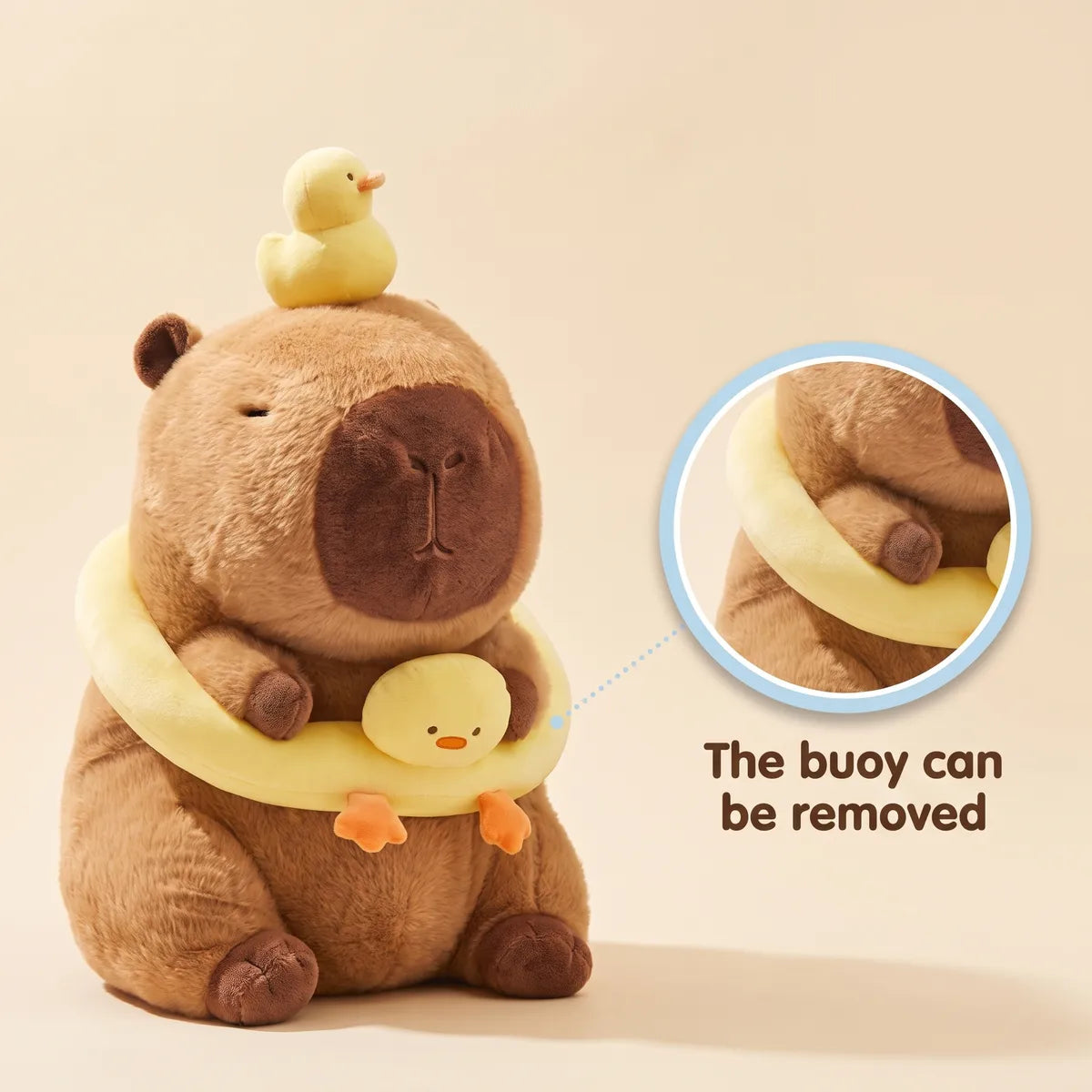 Detail graphic showing that the yellow duck buoy on the capybara duck plush can be removed