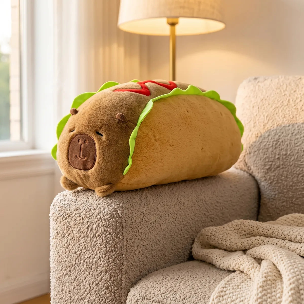 Capybara hot dog plush resting across a cream sofa armrest in a sunlit living room, its head overhanging the front edge