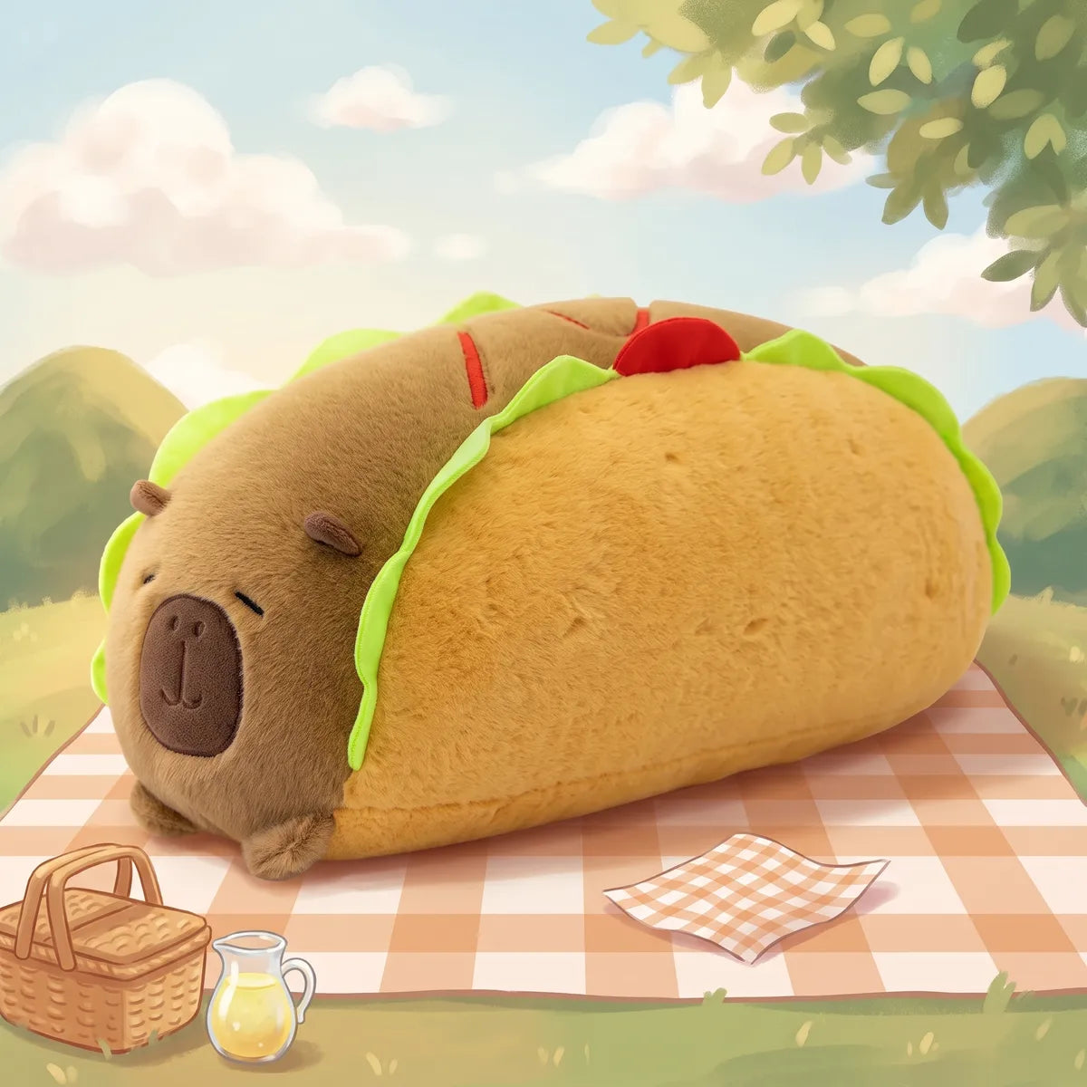 Illustrated scene of the capybara hot dog plush on a checked picnic blanket with a drawn basket and lemonade jug
