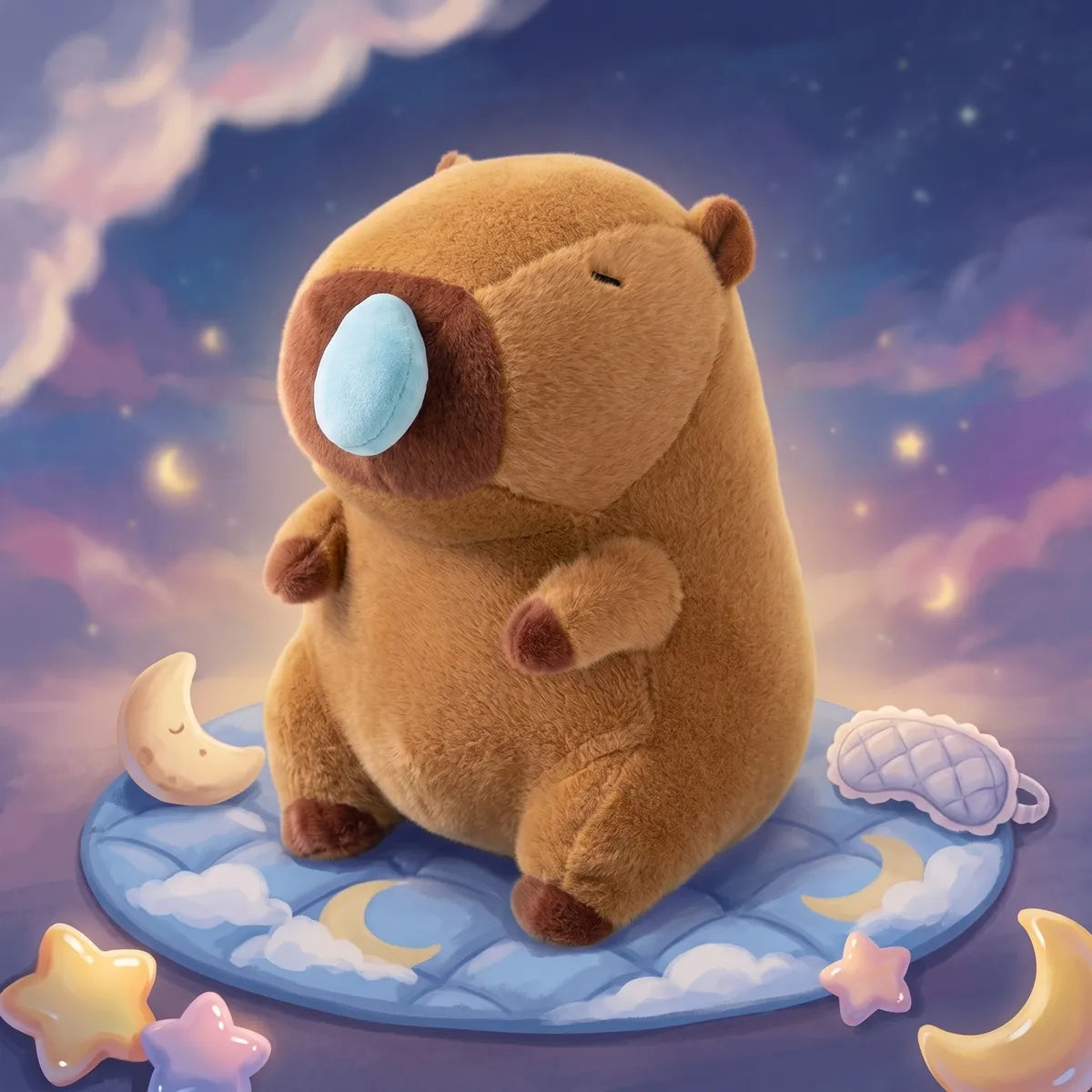 Capybara snot plush resting on a blue cloud in an illustrated night sky, the pale blue snot bubble hanging from its nose