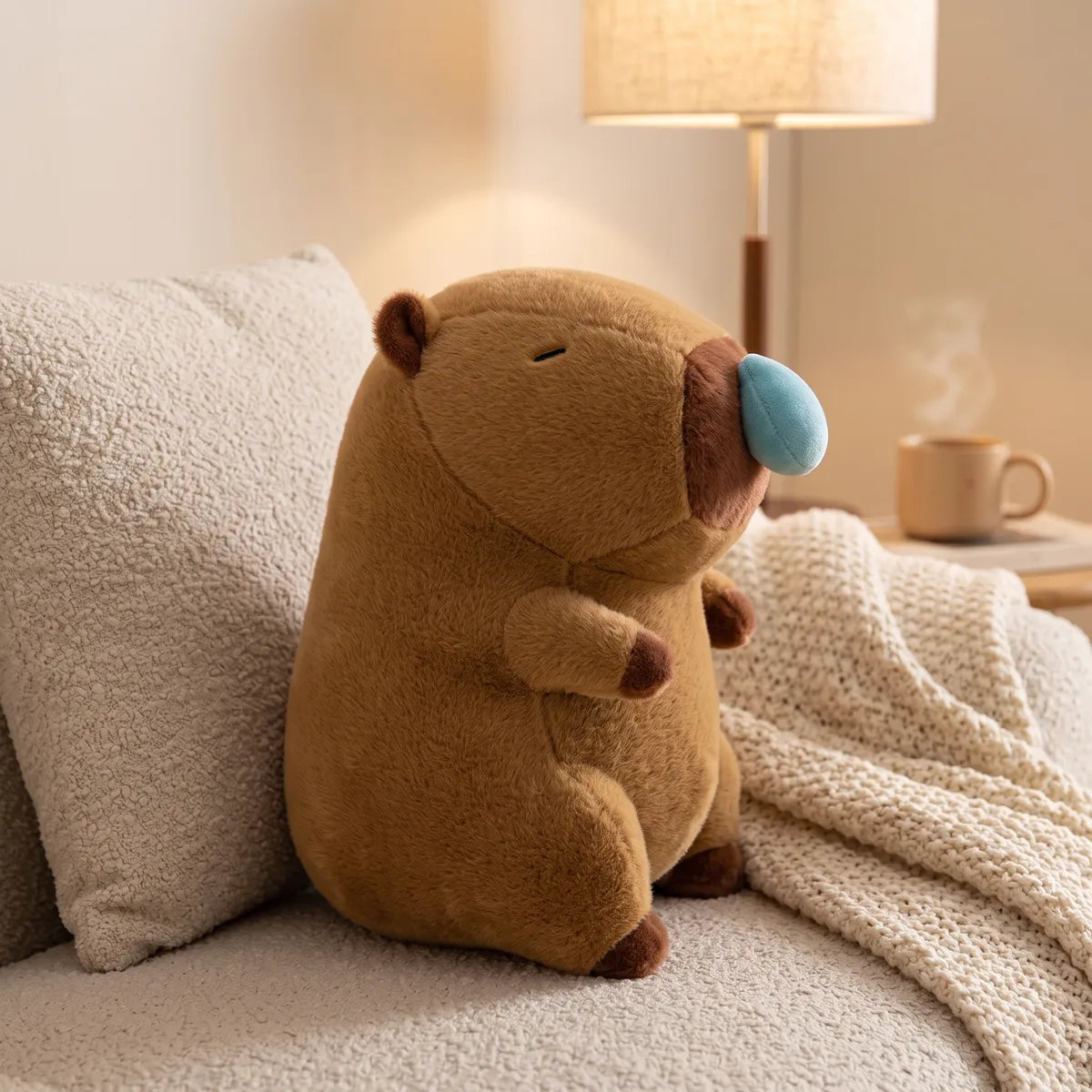 Capybara snot plush leaning against a boucle sofa cushion beside a lit lamp