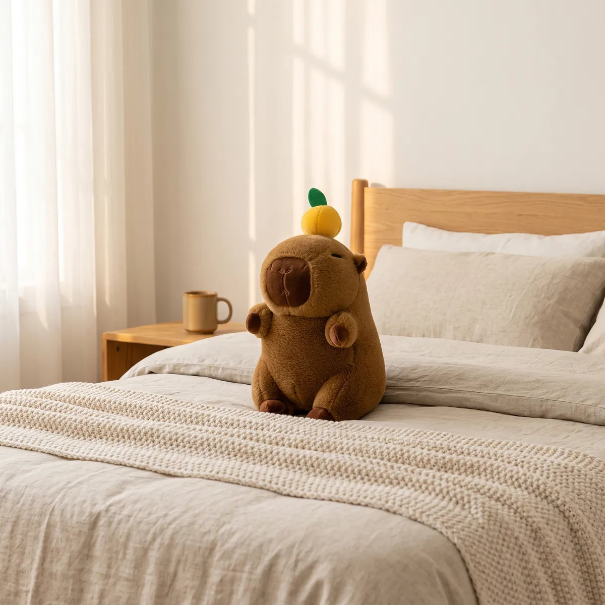 Capybara with orange on head plush sitting upright on a linen bed