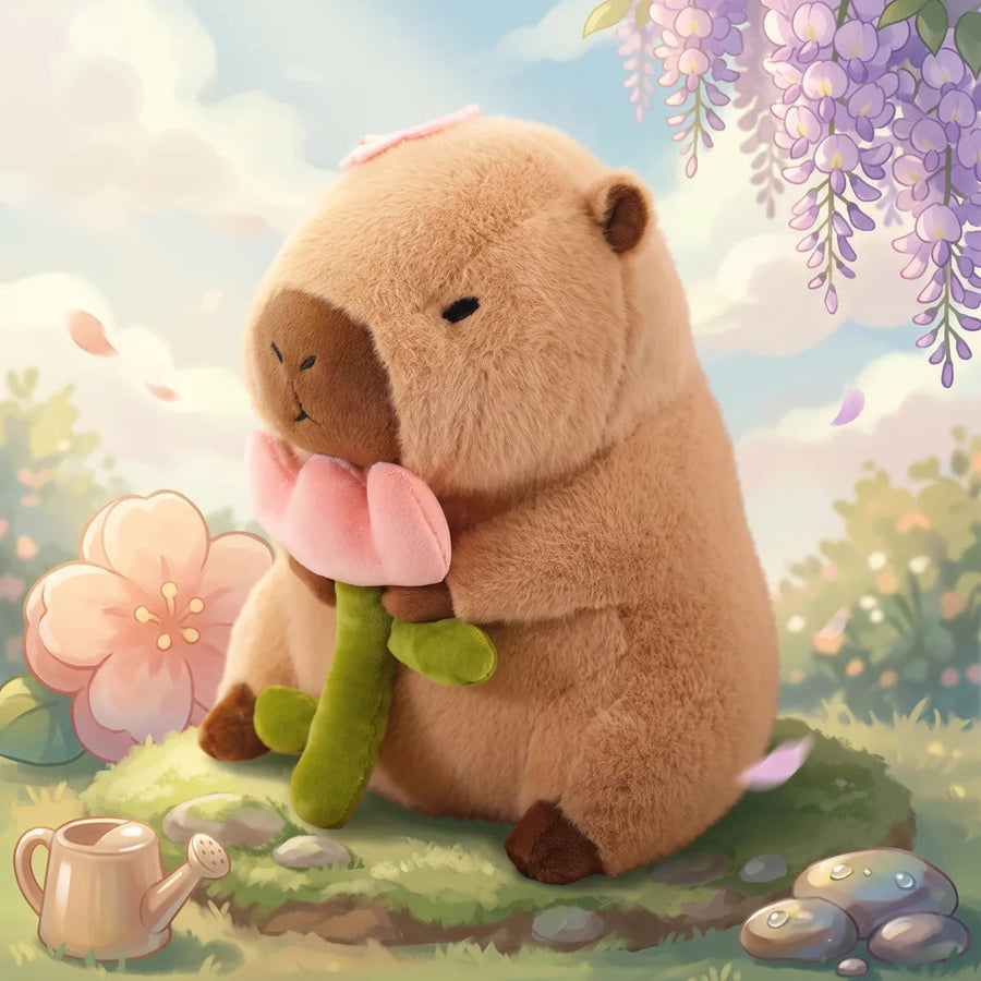 Capybara with rose plush holding its pink bloom in an illustrated flower garden
