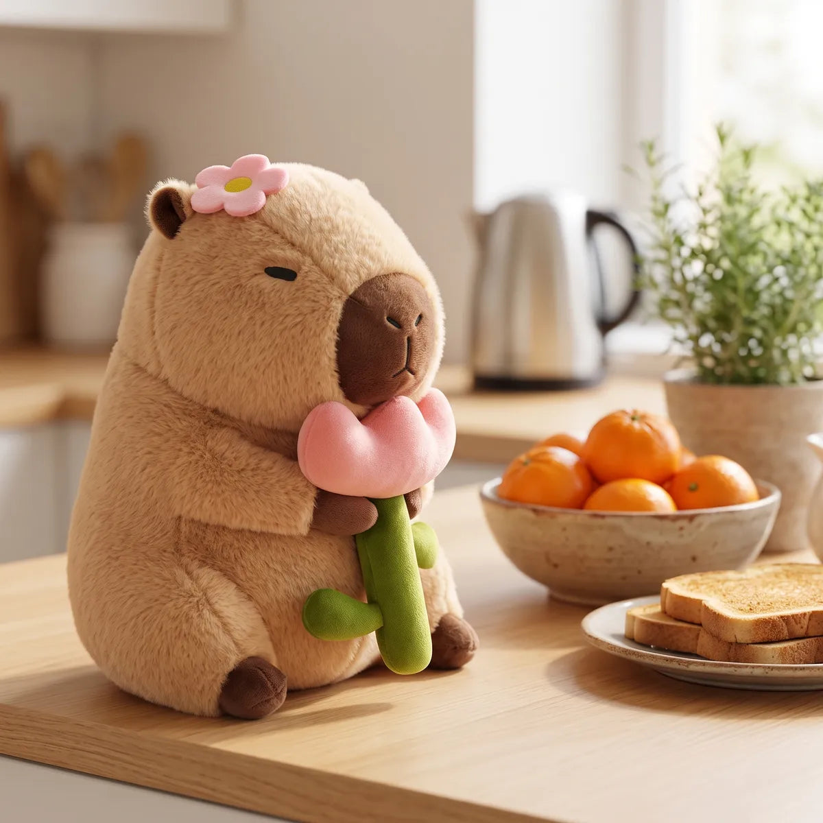 Capybara with rose plush placed in a bright home setting with its green stem visible