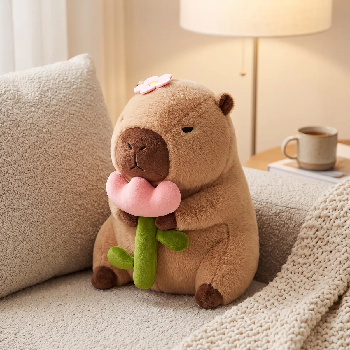 Detail of the overlapping sewn petals forming the pink bloom of the capybara with rose plush