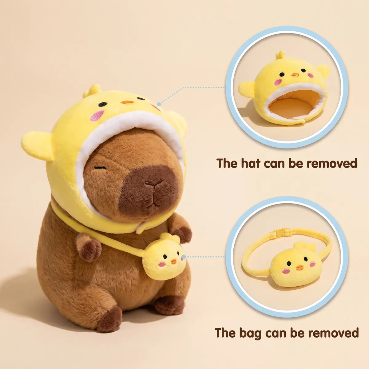 Chicken capybara plush photographed with callouts on the details of its chick hood