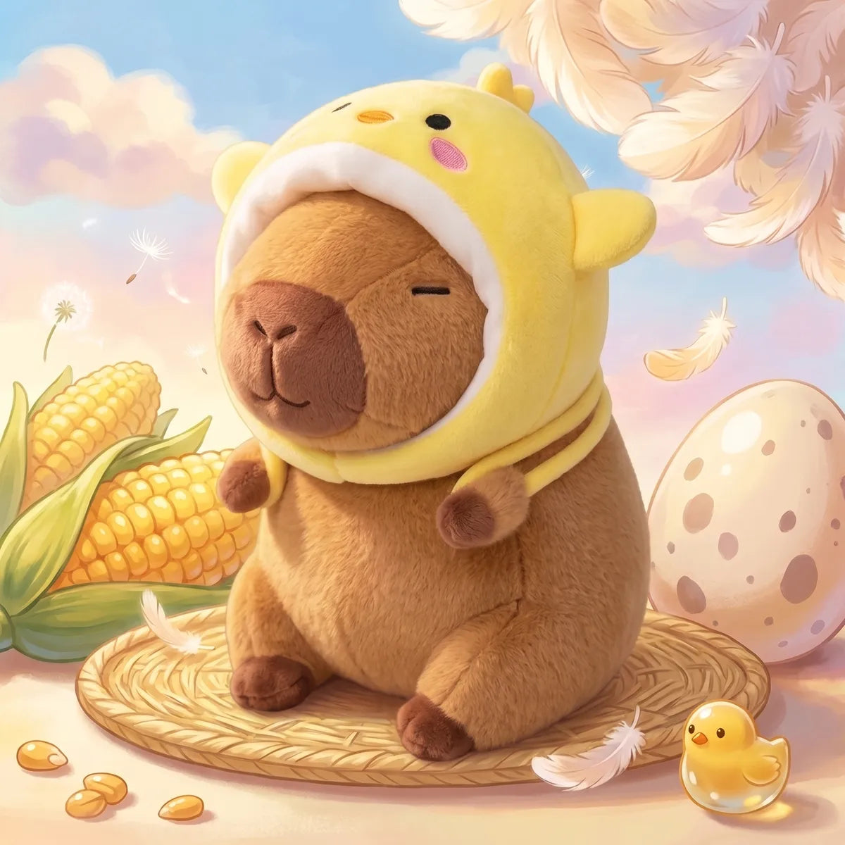Chicken capybara plush on straw in an illustrated farmyard scene with corn and an egg