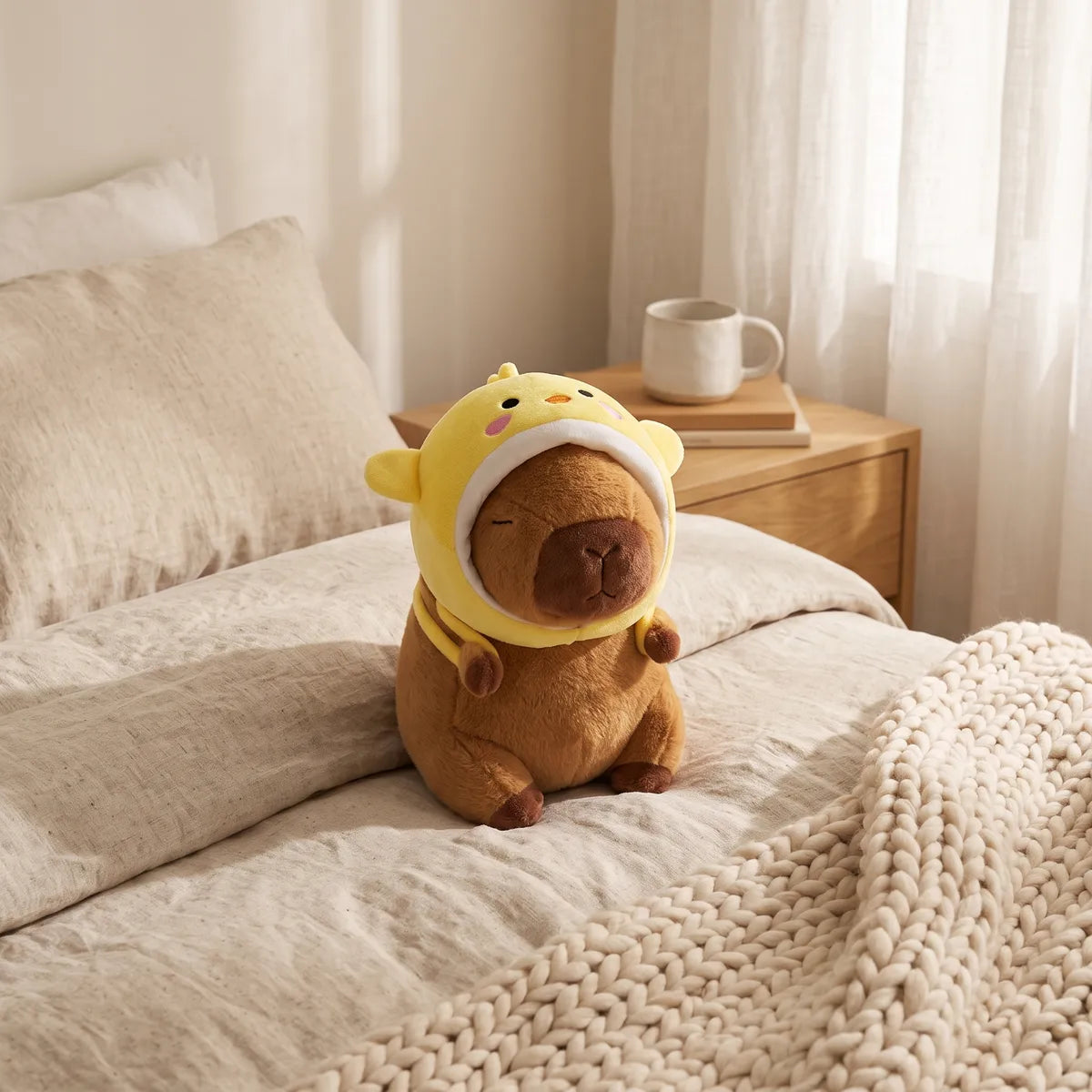 Chicken capybara plush sitting on a linen bed