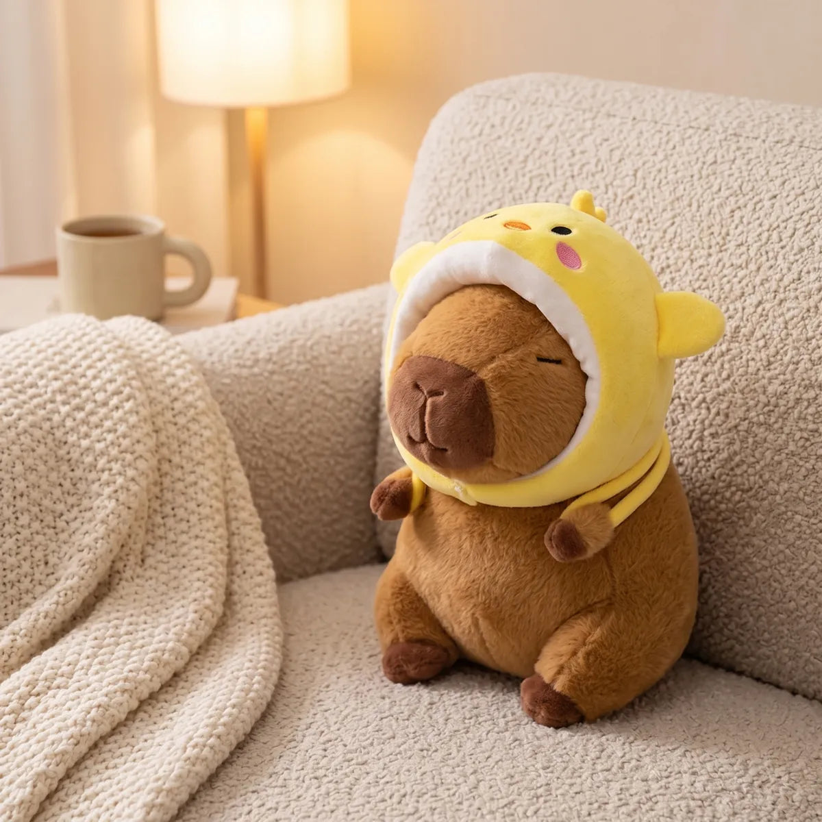 Chicken capybara plush photographed against a plain studio background
