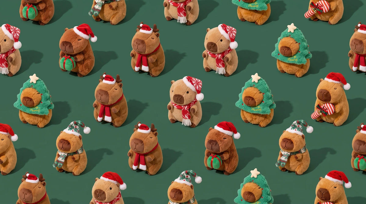 Christmas capybara plush collection: capybaras in Santa hats, knit hats, reindeer antlers and Christmas tree hoods on a pine green background