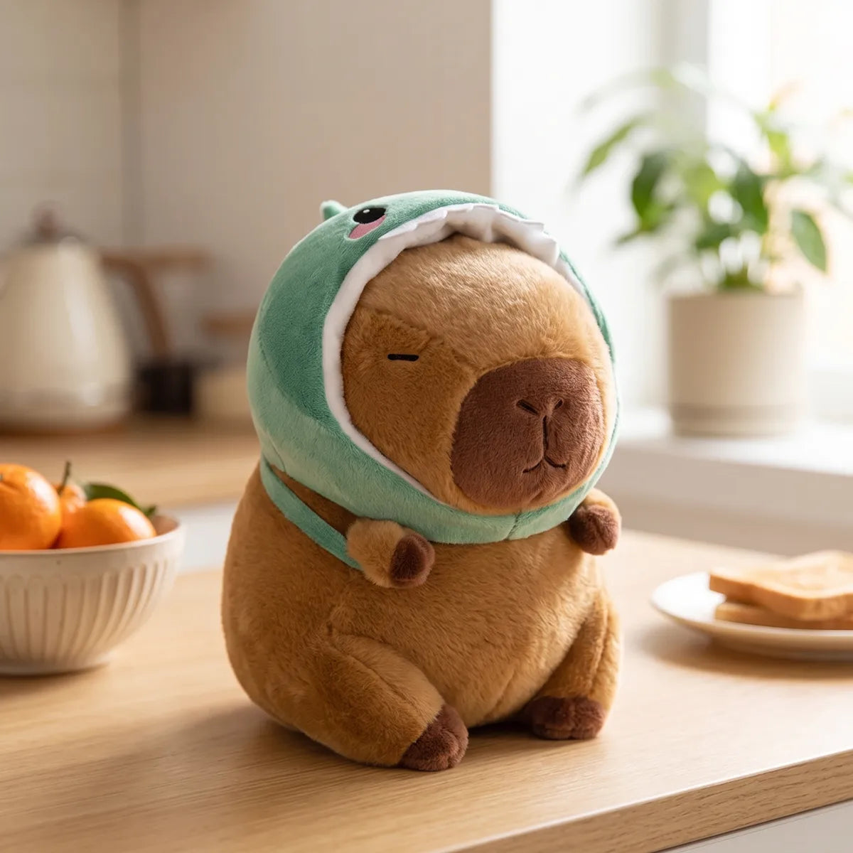 Dino capybara plush sitting on a wooden kitchen counter next to a bowl of oranges