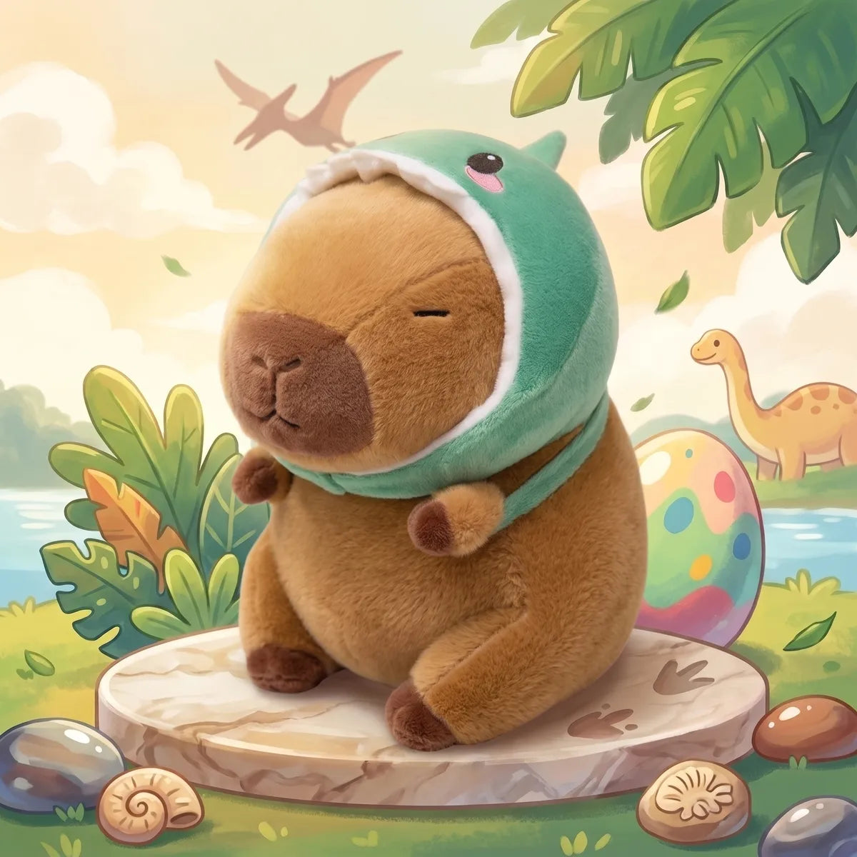 Dino capybara plush on a stone in an illustrated prehistoric scene with a dinosaur egg