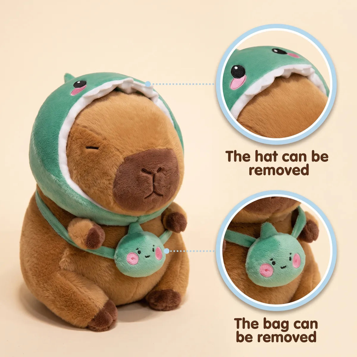 Dino capybara plush photographed to show the crest and felt teeth on its hood
