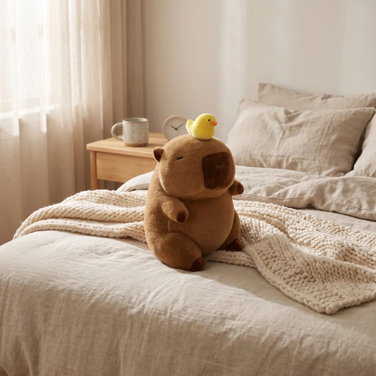 Capybara with duck on head plush sitting on a chunky knit throw on a linen bed with a nightstand and clock behind