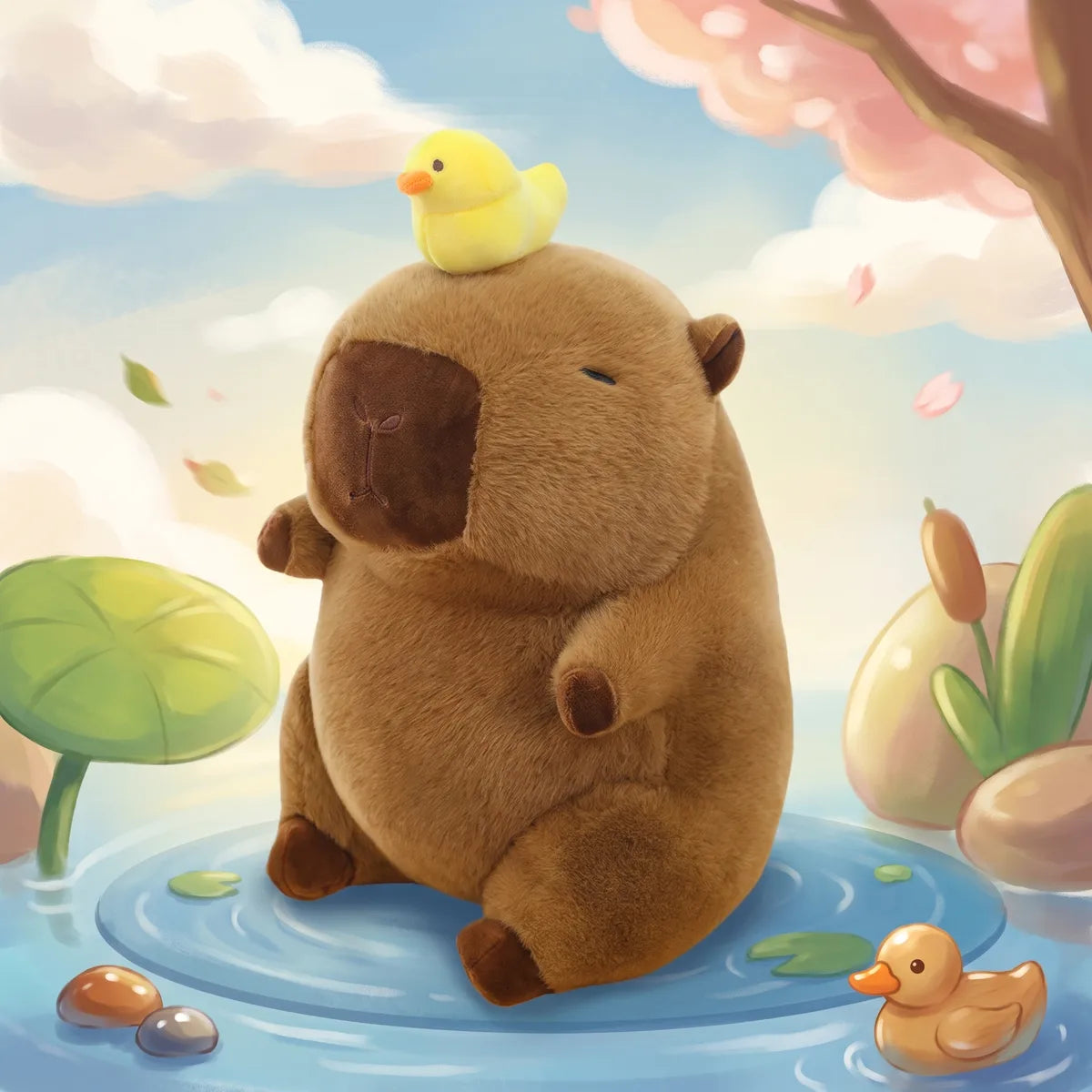 Brown capybara with duck on head plush seated in an illustrated pond scene with a lily pad and a floating rubber duck