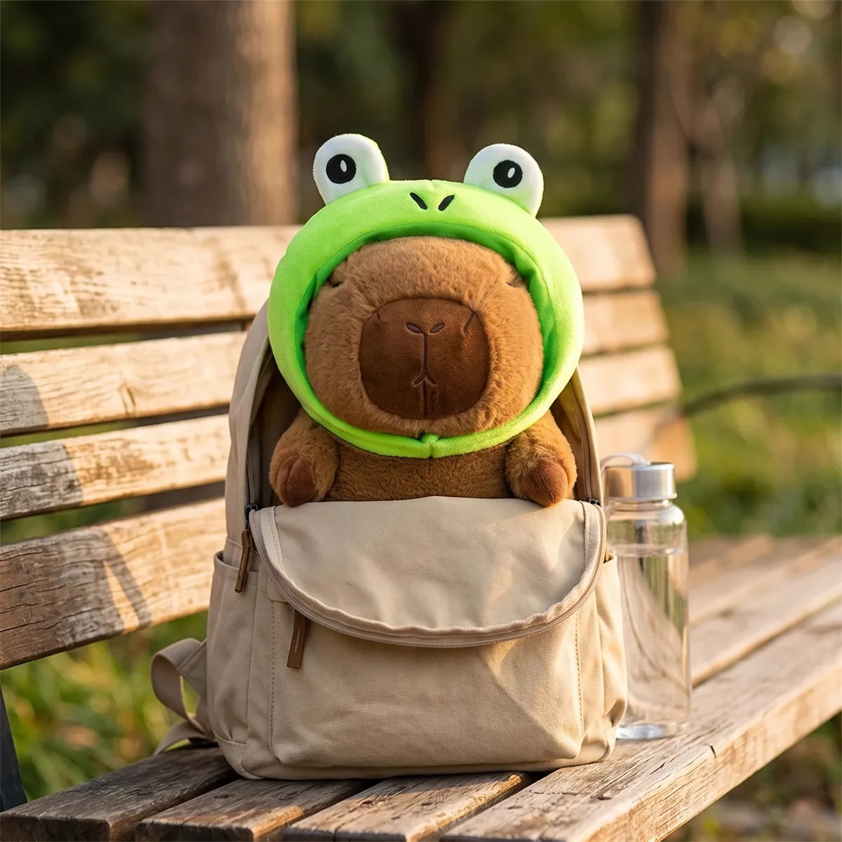 Frog capybara plush photographed against a plain studio background