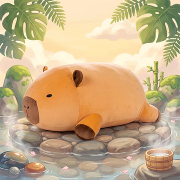 Giant capybara plush lying in an illustrated hot spring surrounded by bamboo