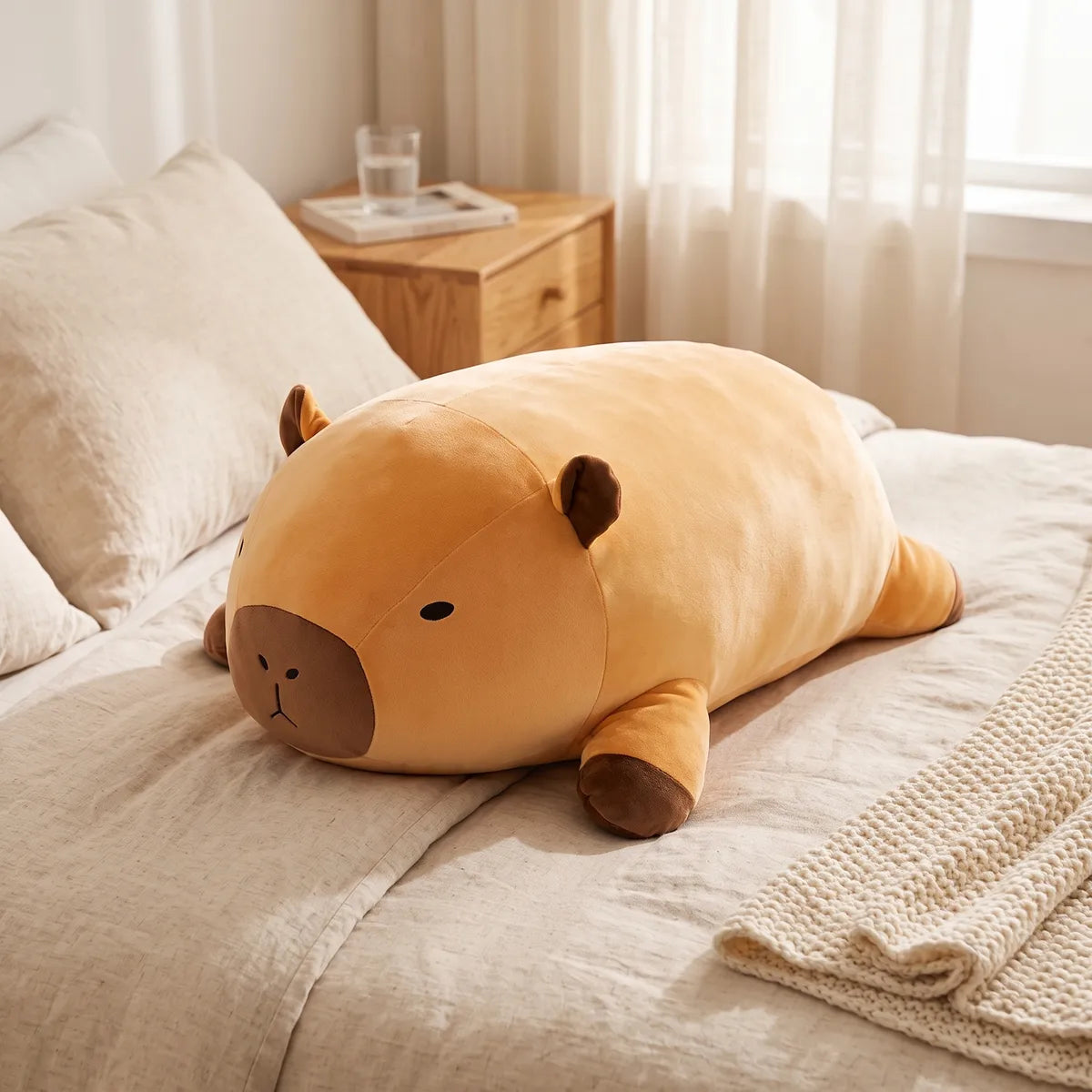 Giant capybara plush lying across a bed