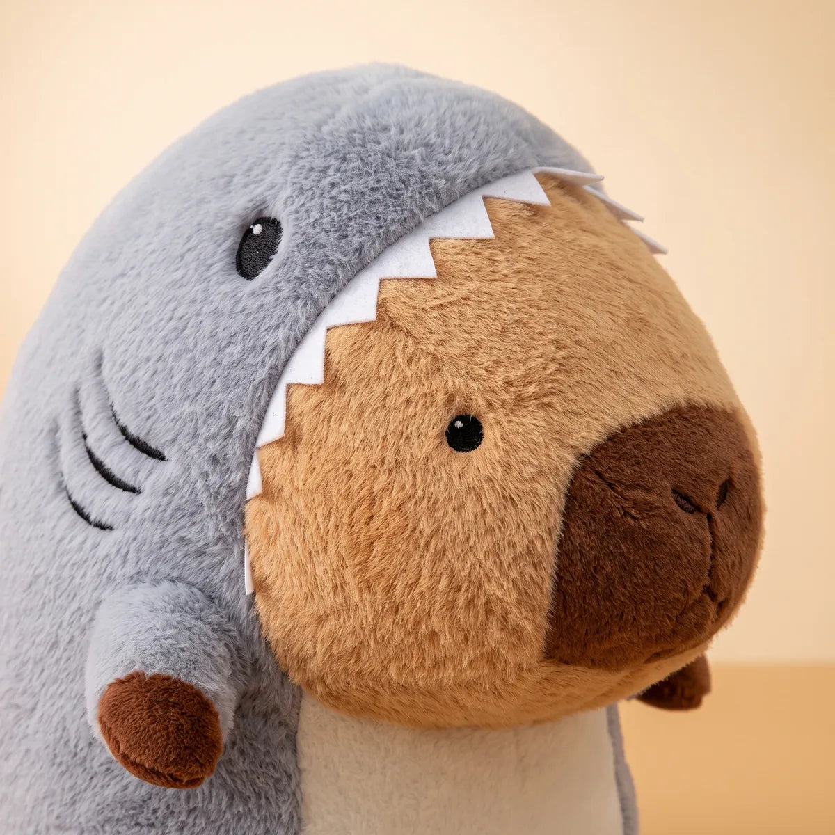 Close up of the shark teeth framing the tan capybara face