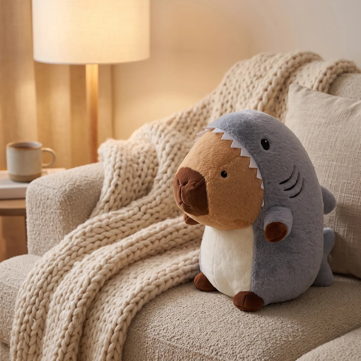 Giant shark capybara plush placed in a bright home setting