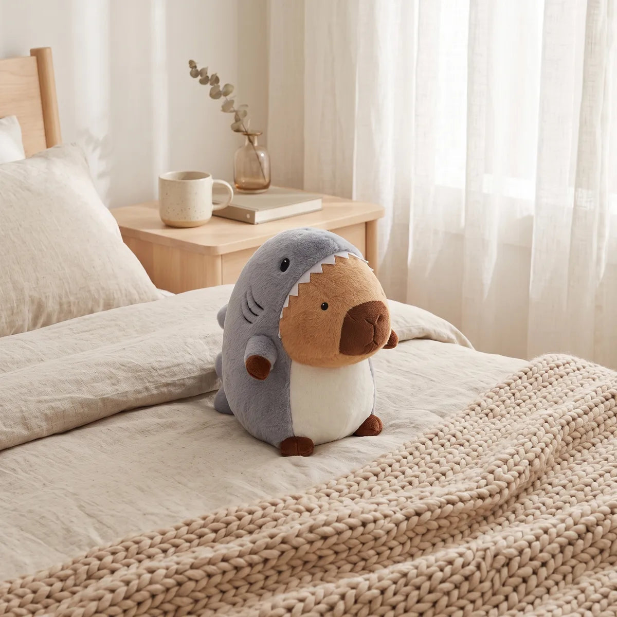 Giant shark capybara plush sitting on a bed