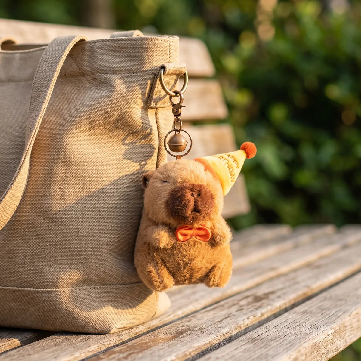 Capybara keychain clipped to the strap ring of a canvas tote bag on a wooden bench