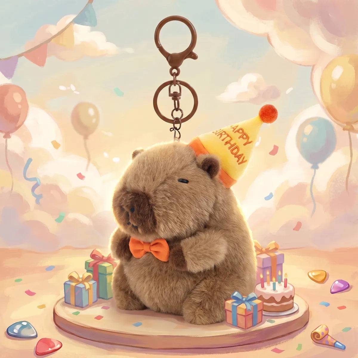 Brown birthday capybara keychain in a painted party scene with balloons, wrapped gifts and a cake