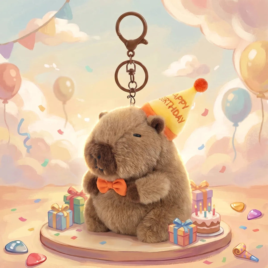 Brown birthday capybara keychain in a painted party scene with balloons, wrapped gifts and a cake