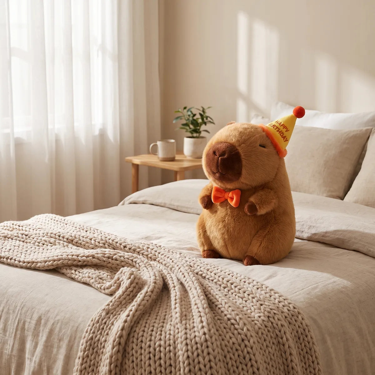 Happy birthday capybara plush sitting on a linen bed beside a cream knit throw