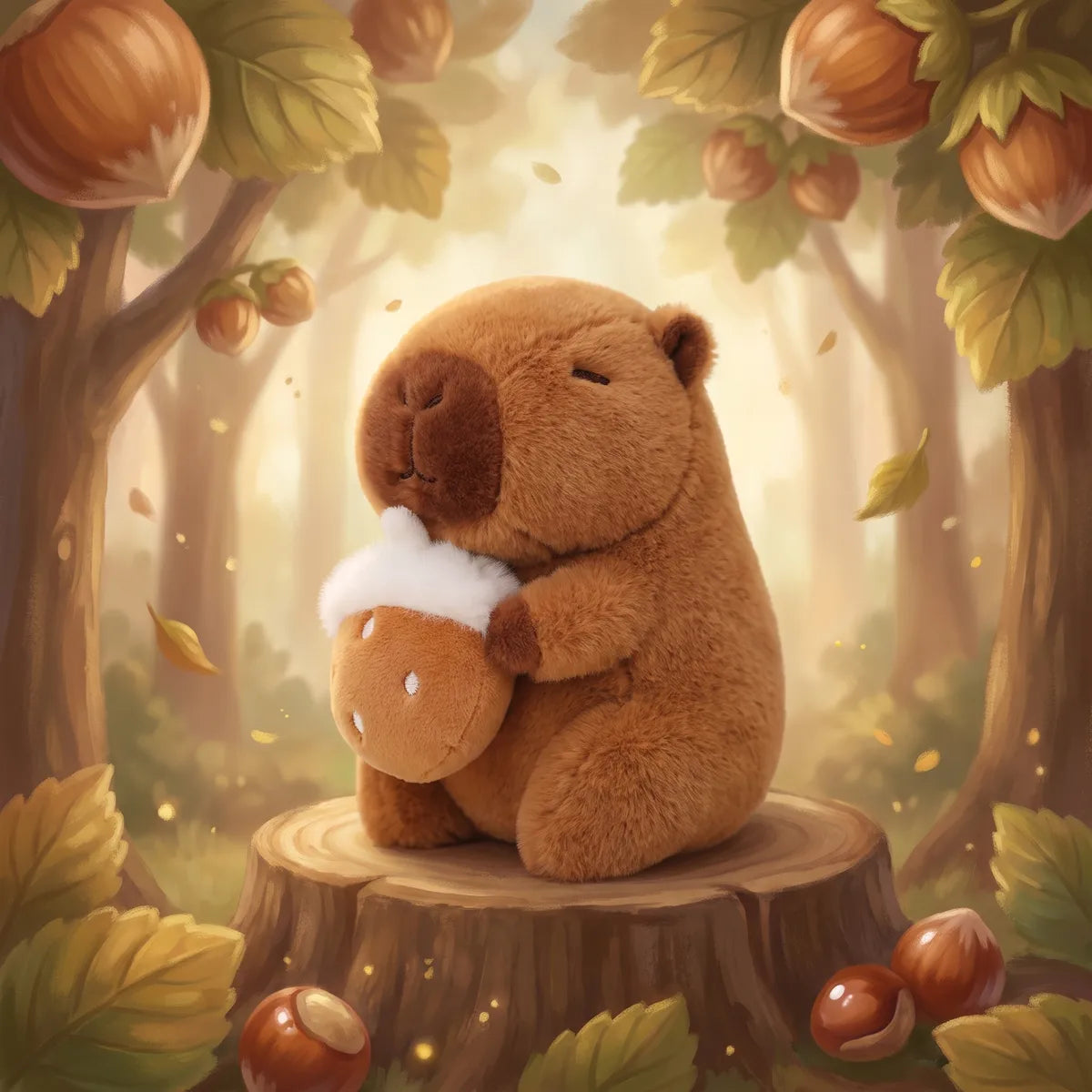 Hazelnut mini capybara plush holding a nut on a tree stump in a painted autumn forest