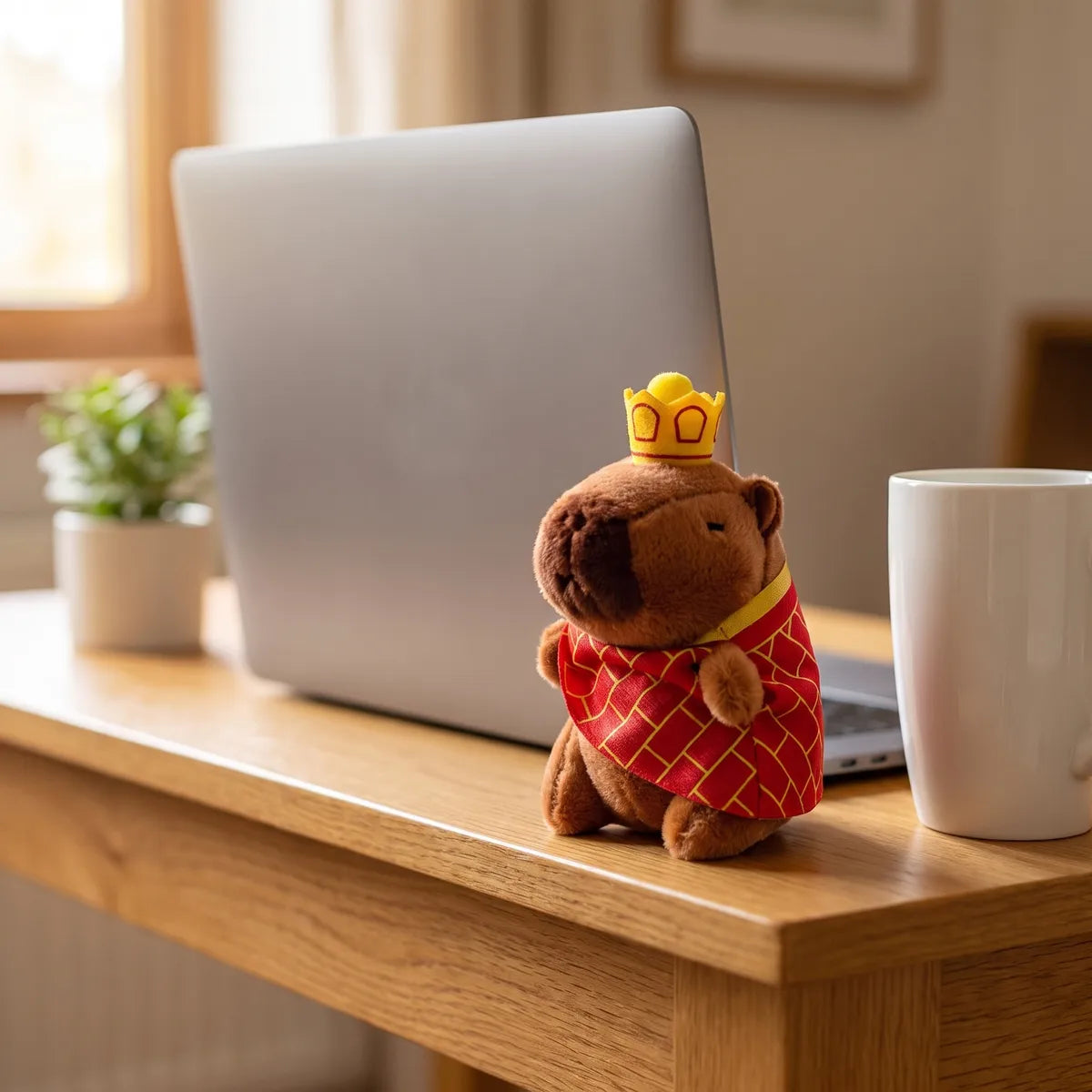 King mini capybara plush on a wooden desk beside a laptop and a white mug