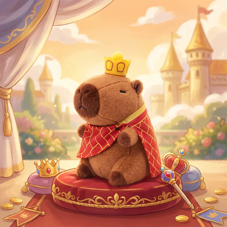 King mini capybara plush in a crown and red cape seated on a cushion in a painted castle scene