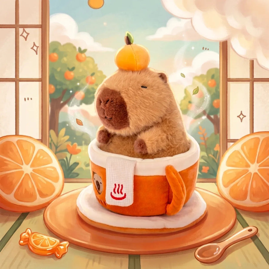 Orange coffee cup capybara plush in an illustrated cafe scene