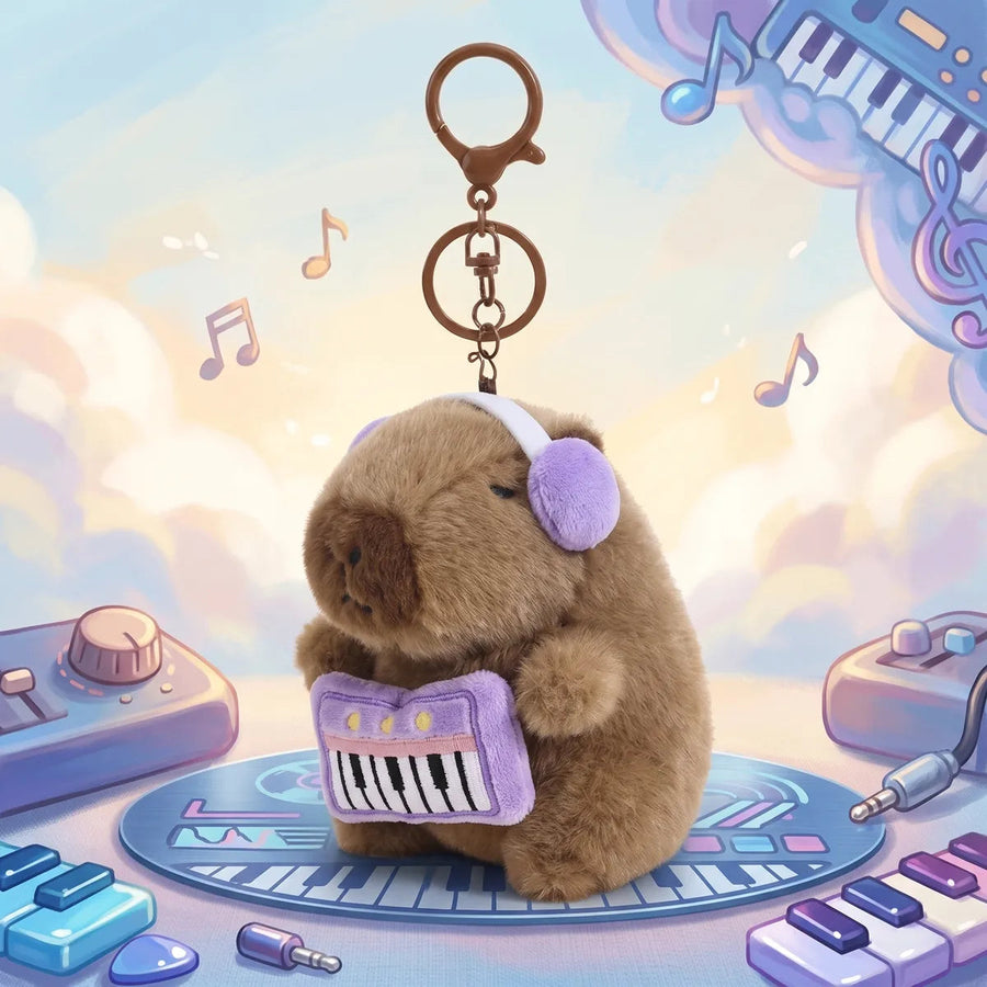 Piano capybara keychain holding a purple toy keyboard in a pastel scene of synths and music notes