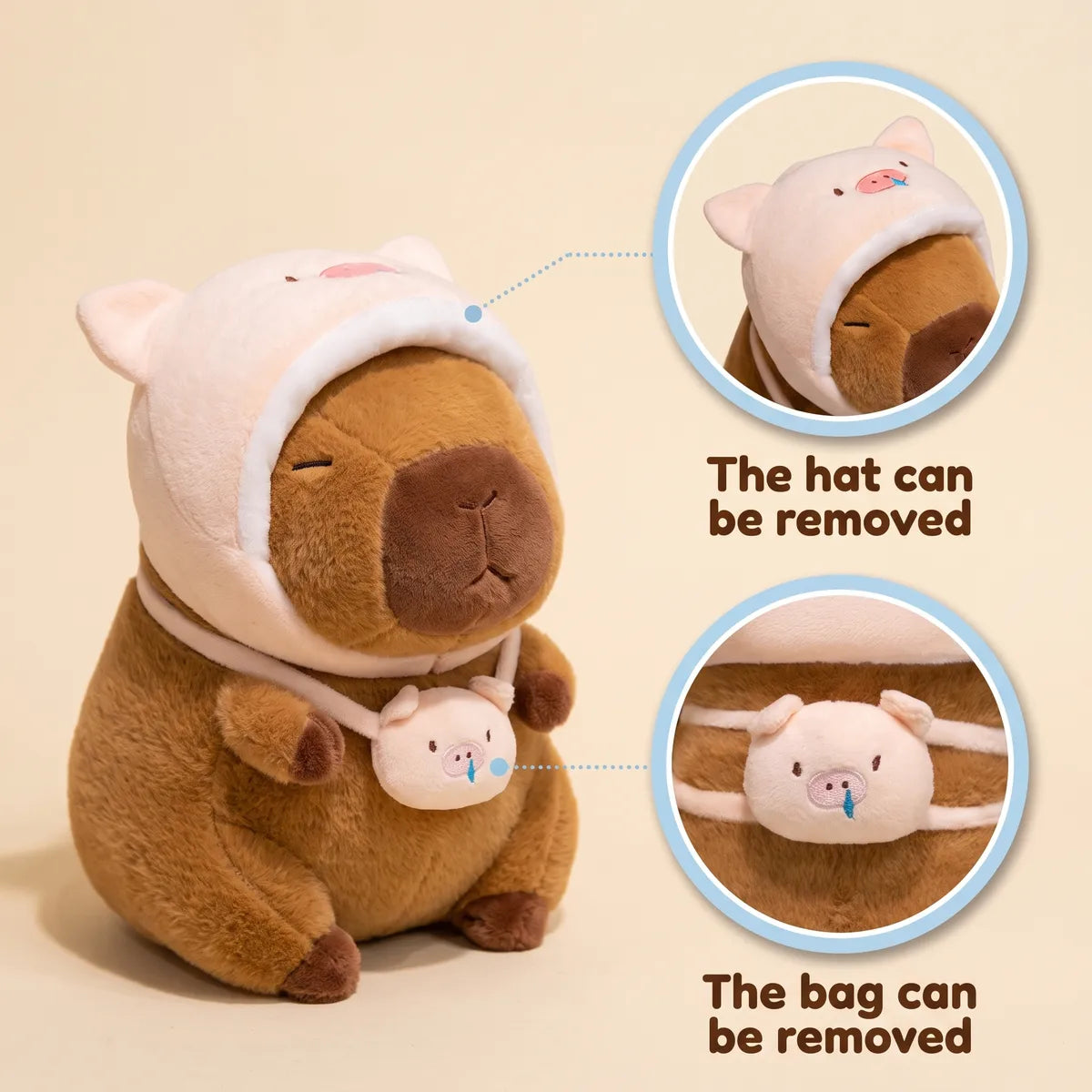 Piggy capybara plush photographed with callouts on the details of its pig hood