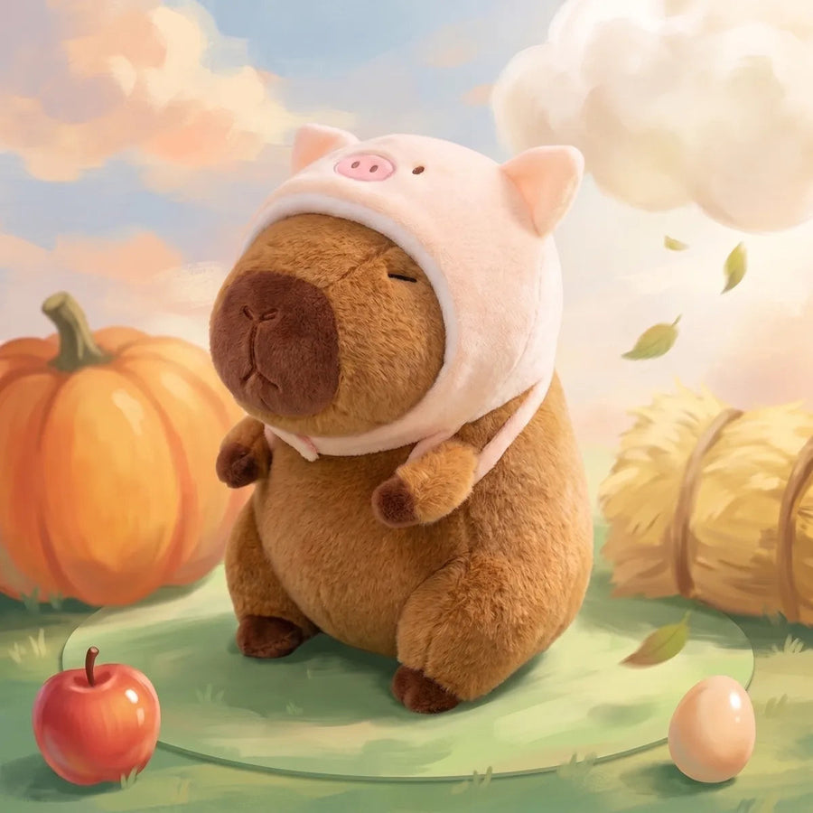 Piggy capybara plush in an illustrated autumn farm scene with a pumpkin and hay